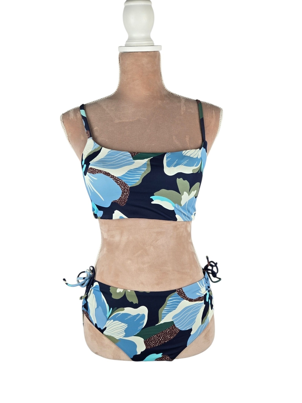 Athleta Floral Bikini Swim Set Removable Pads Tie Side Navy S/M